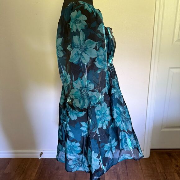 Thirty Thirty Blue Floral Babydoll Sheer Dress 3/4 Sleeve M - Picture 5 of 7